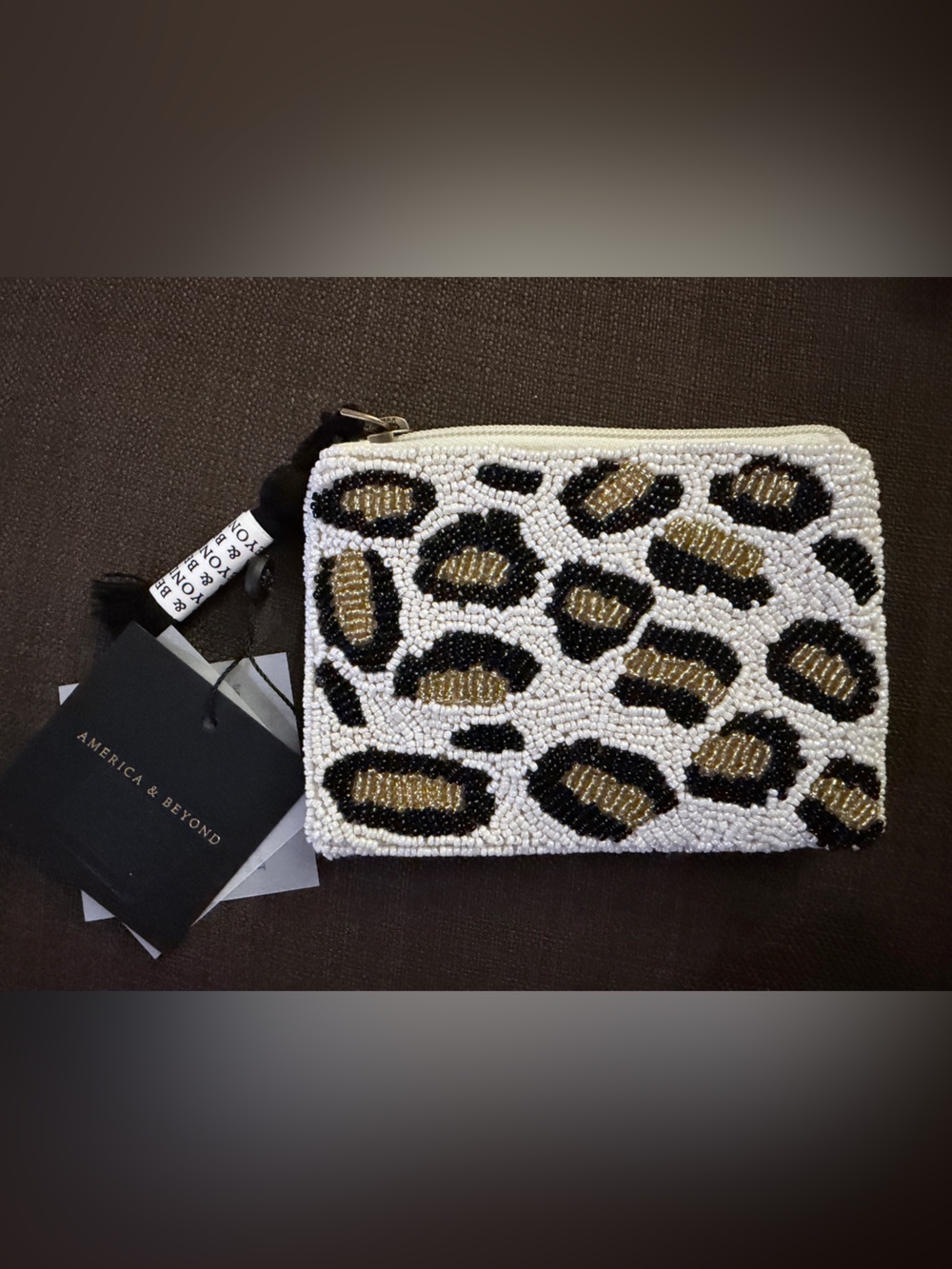 America & Beyond White Beaded Leopard Print Zip Clutch